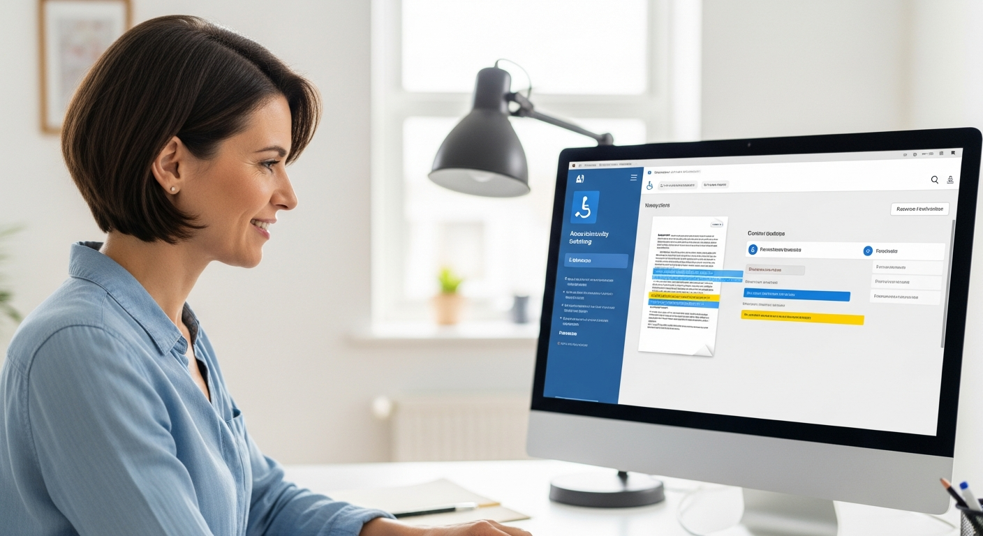 Woman uses AI accessibility tools on a computer