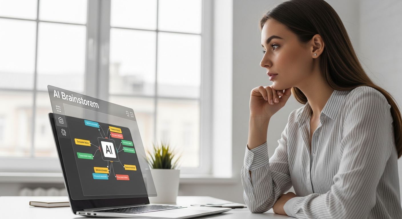 A woman uses AI software to generate content ideas on her laptop.