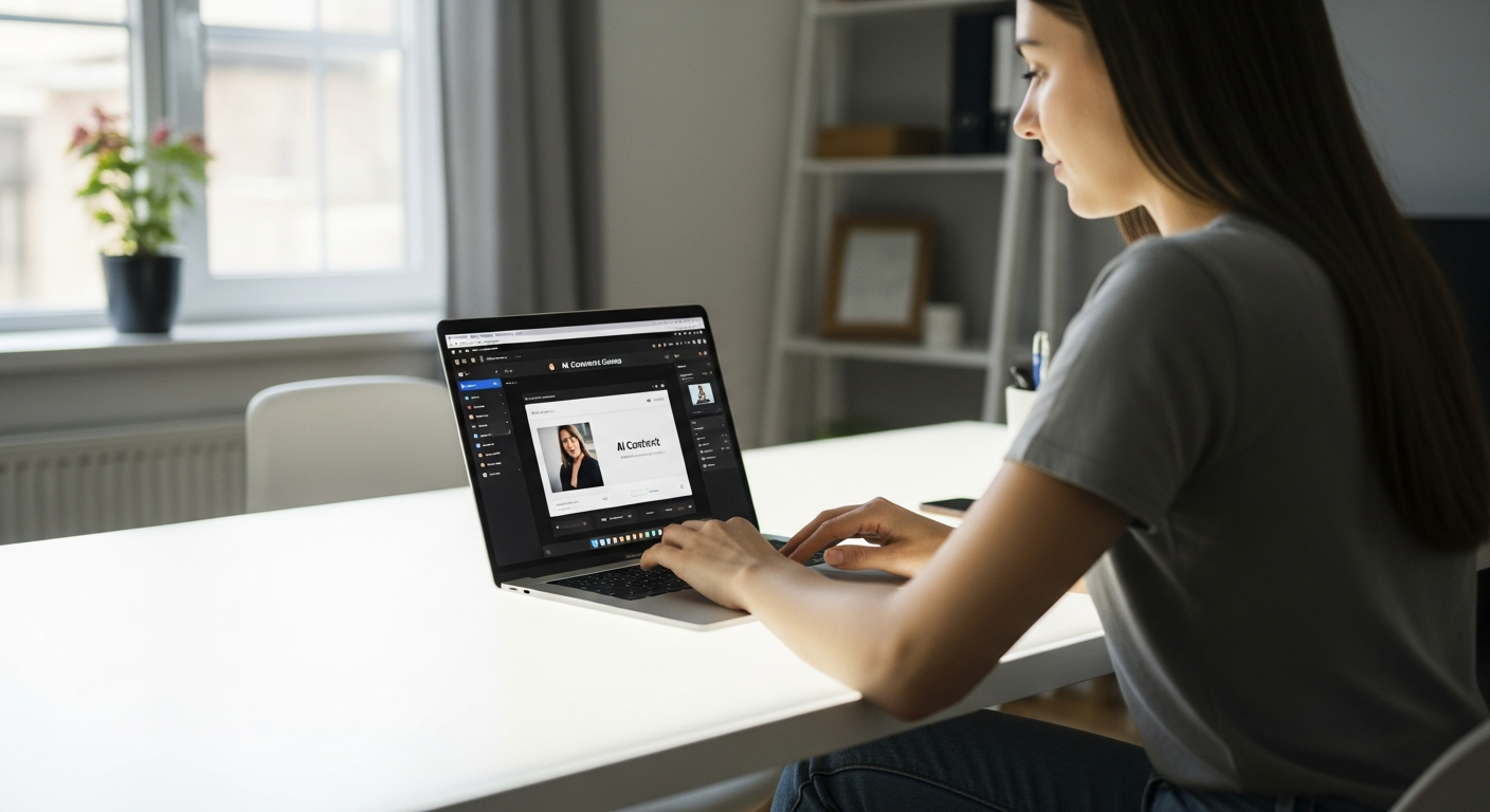 Woman using AI content creation software on a laptop