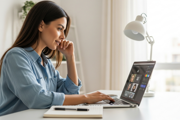 Woman using AI tools for content creation on a laptop.