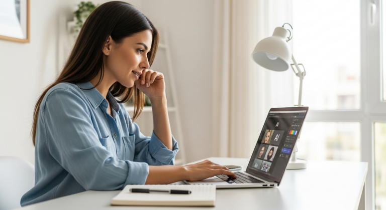 Woman using AI tools for content creation on a laptop.