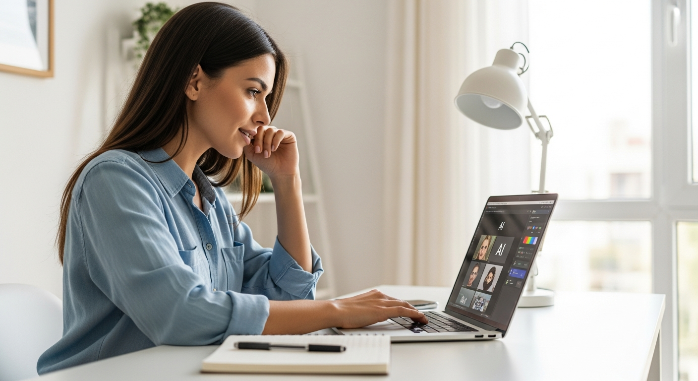 Woman using AI tools for content creation on a laptop.