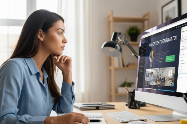 Woman using AI tool for content ideas