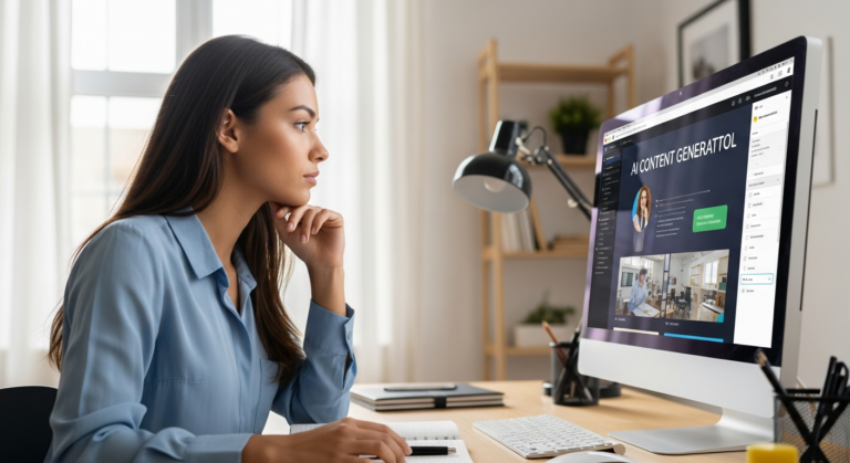 Woman using AI tool for content ideas