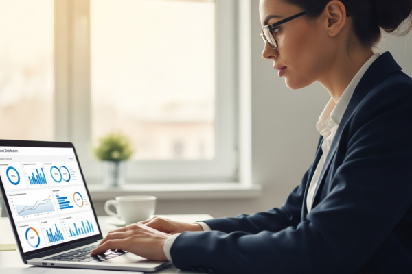 Woman analyzes content distribution data on a laptop in her office.