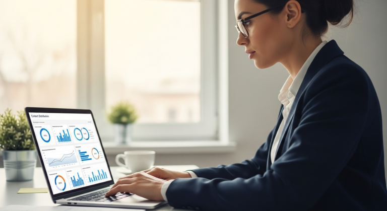 Woman analyzes content distribution data on a laptop in her office.