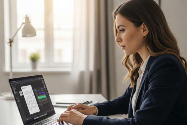 Woman using AI software for content editing on a laptop.