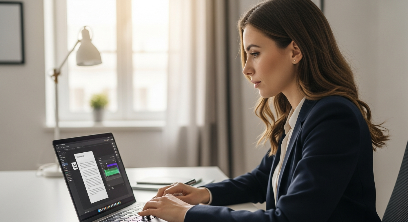 Woman using AI software for content editing on a laptop.