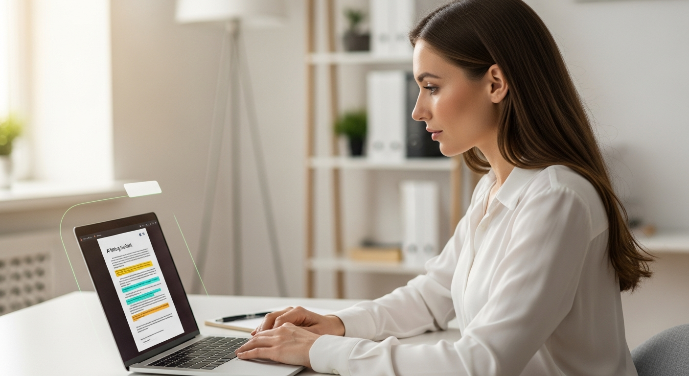 Woman uses AI writing tool on laptop