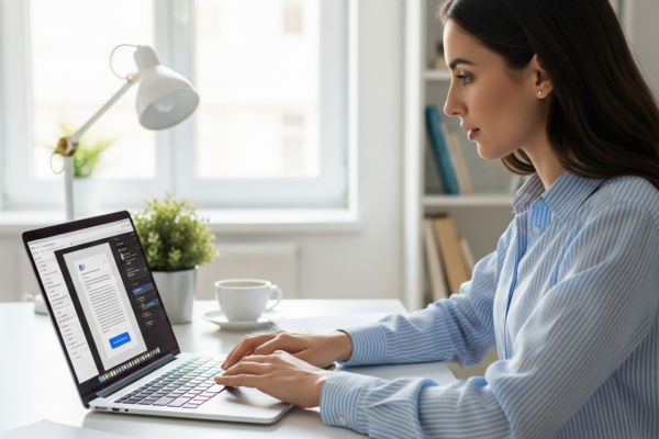 Woman uses AI tool to edit document on laptop
