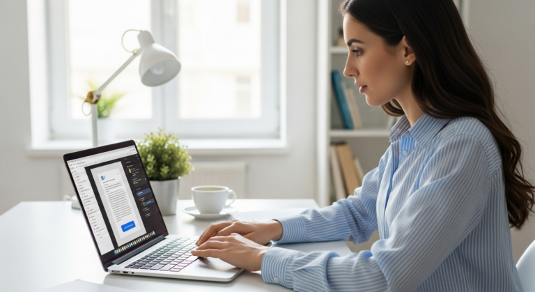 Woman uses AI tool to edit document on laptop