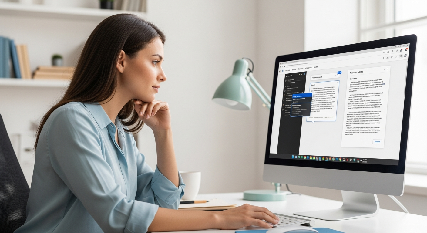 Woman uses AI software to edit content on a computer.