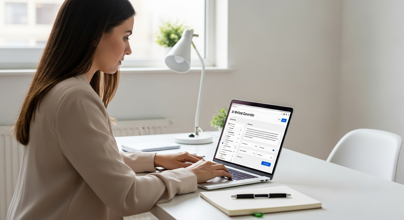 Woman using an AI content generator on a laptop in an office.