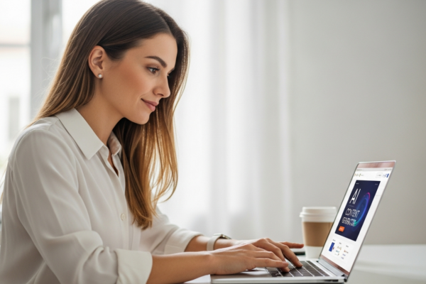 Woman using an AI content generator on a laptop