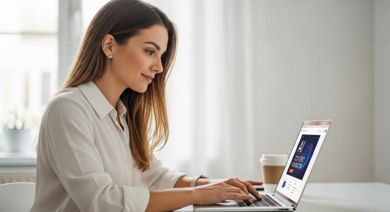 Woman using an AI content generator on a laptop