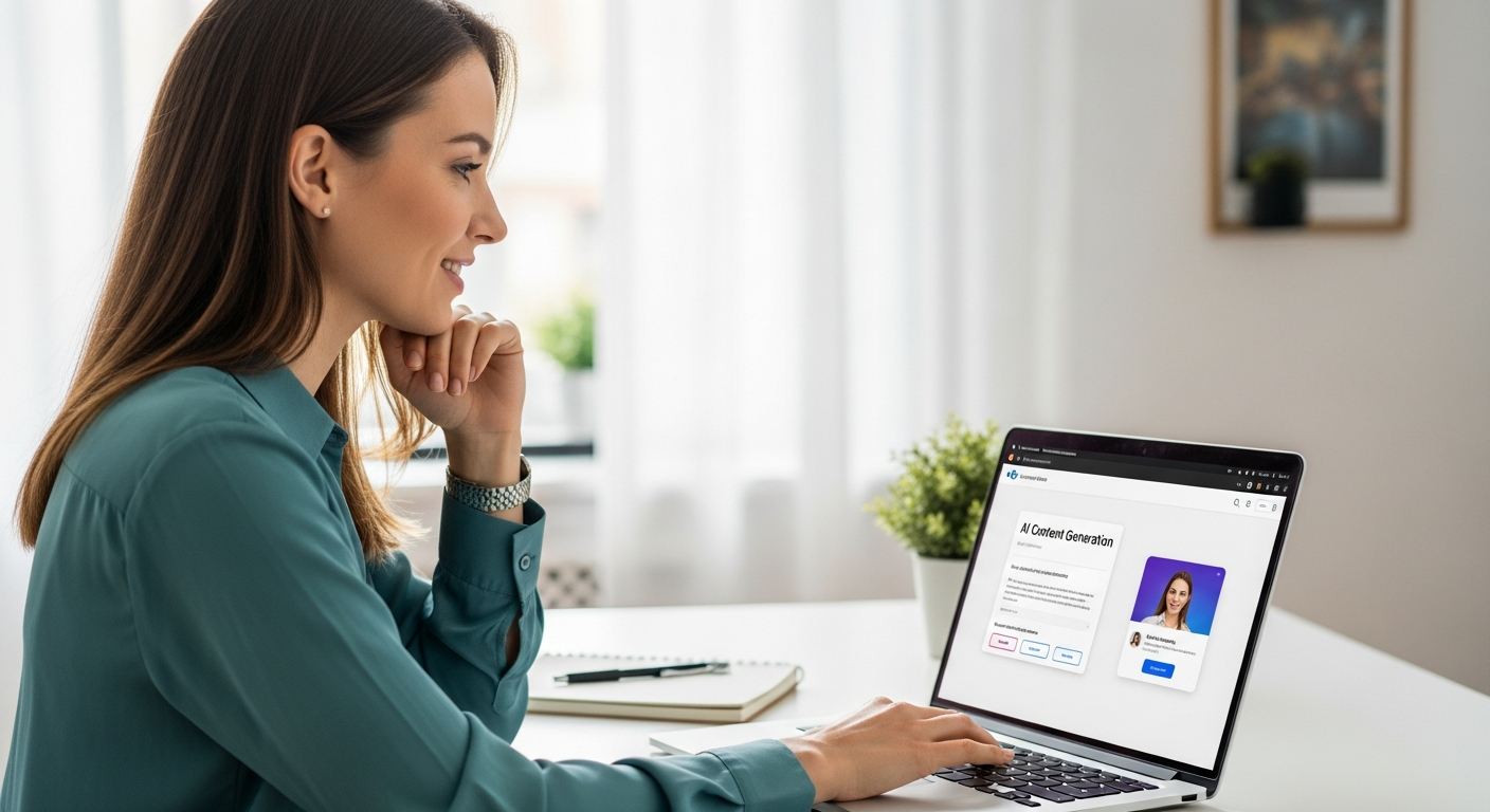 Woman using AI tool for content creation on laptop