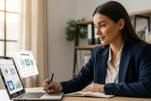 A woman uses AI to generate content ideas on her laptop in an office.