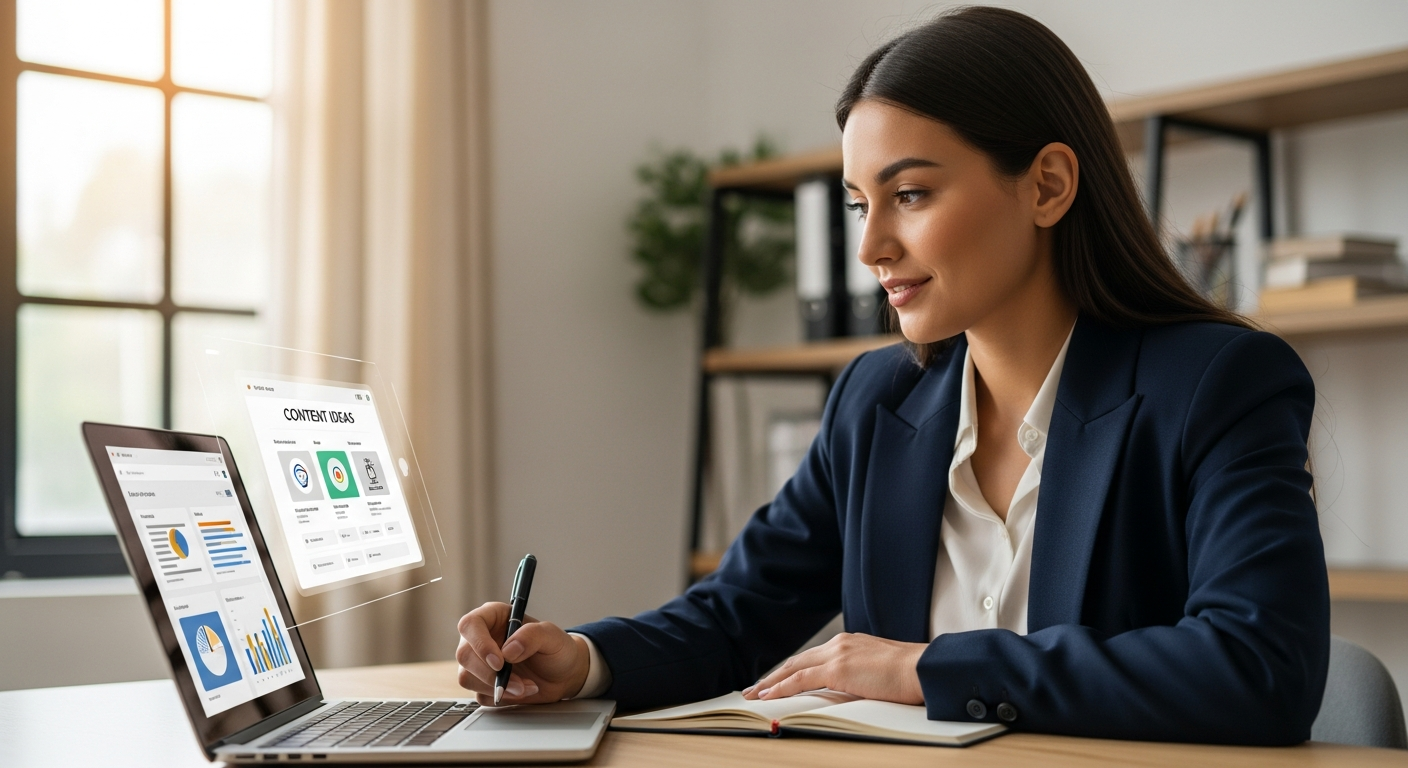 A woman uses AI to generate content ideas on her laptop in an office.