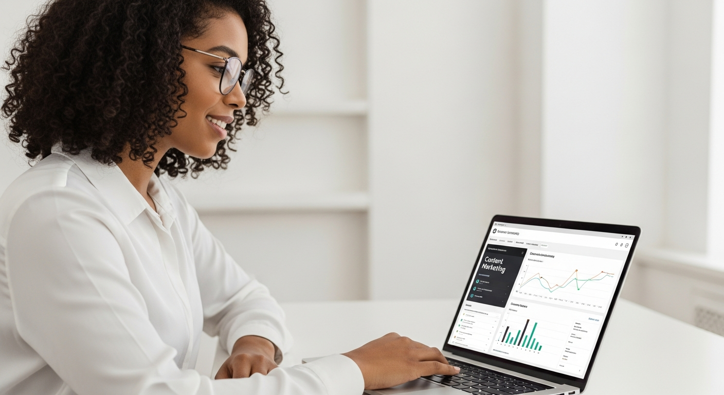 A woman uses a laptop for content marketing with AI tools.