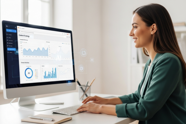 A woman analyzes content marketing data on a computer screen in an office.
