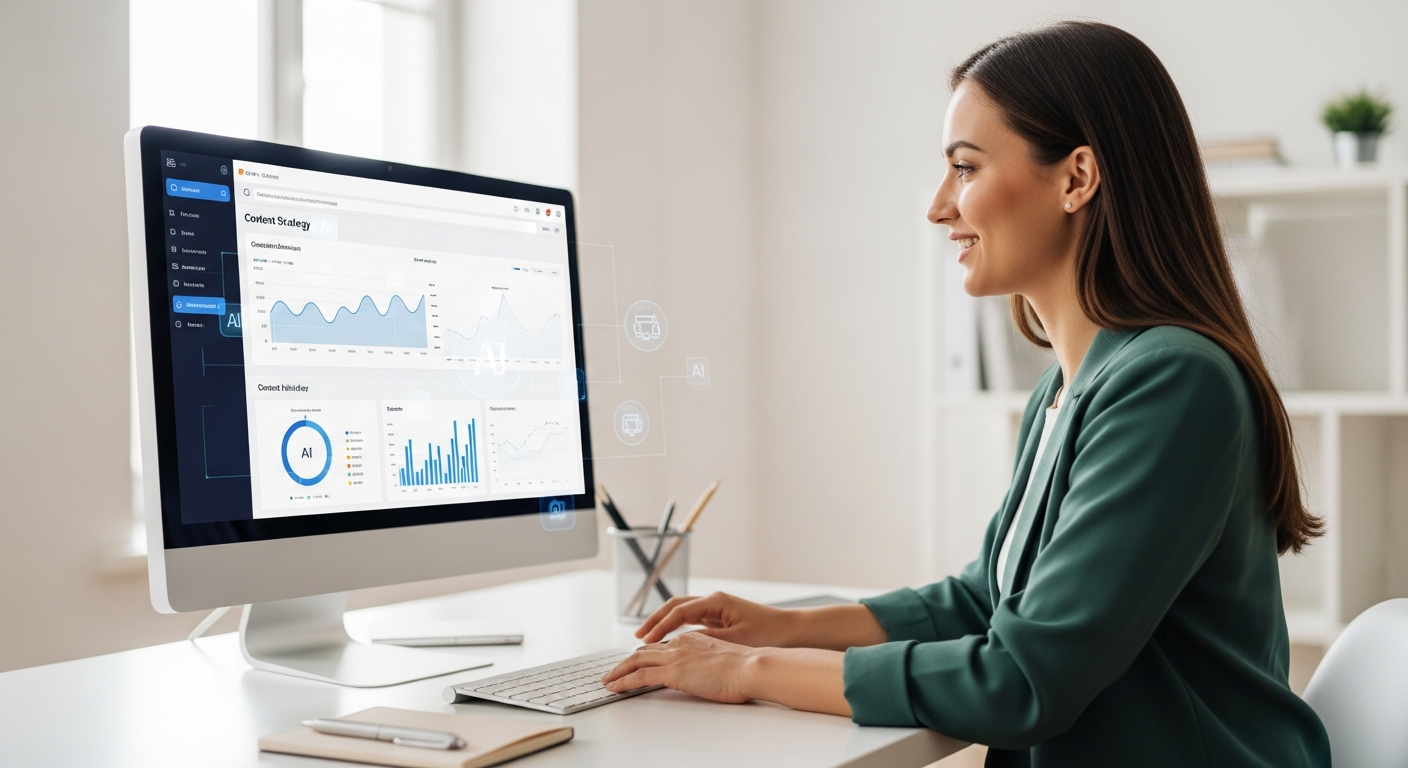 A woman analyzes content marketing data on a computer screen in an office.