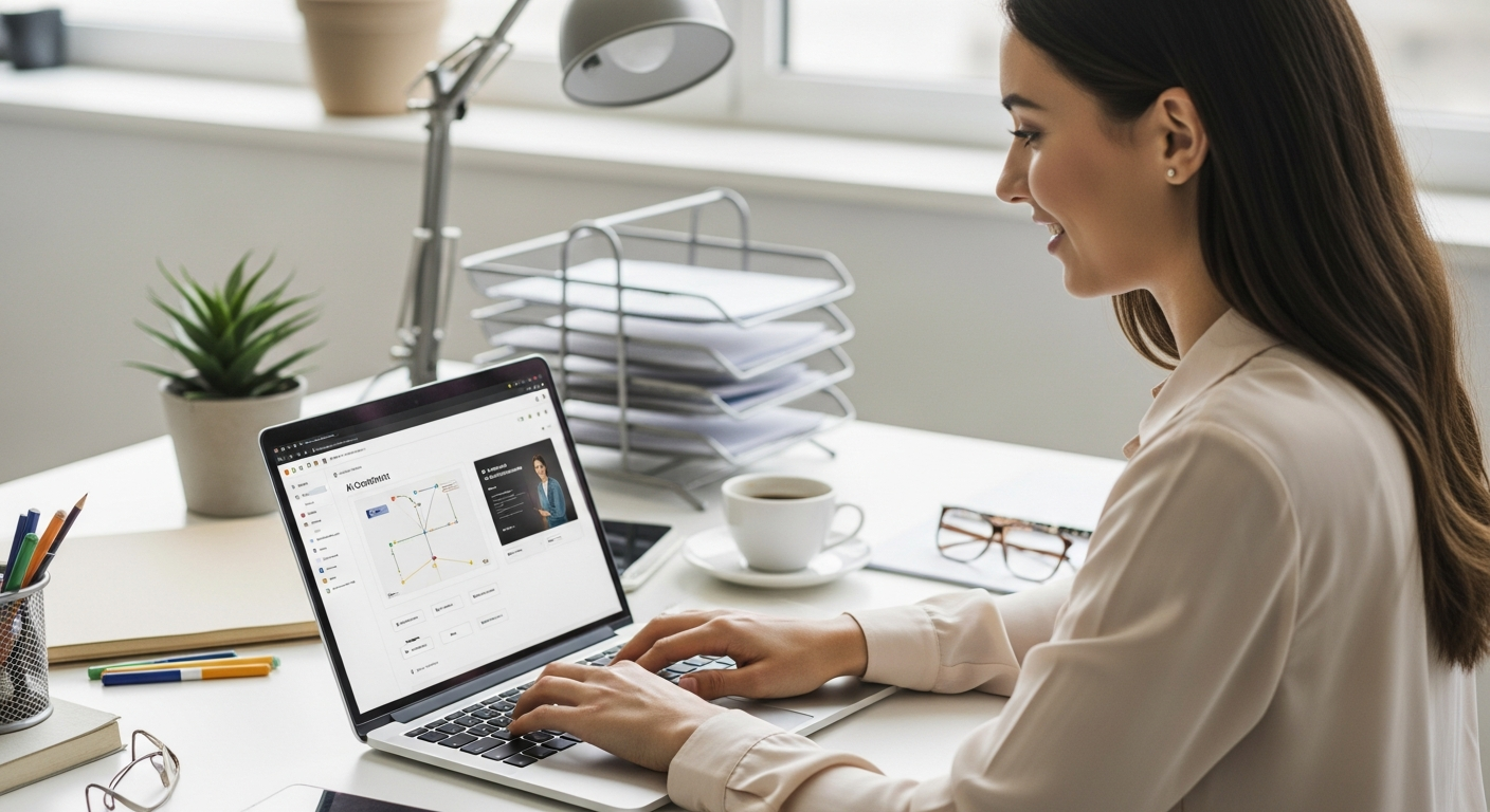 Woman using an AI content tool on a laptop