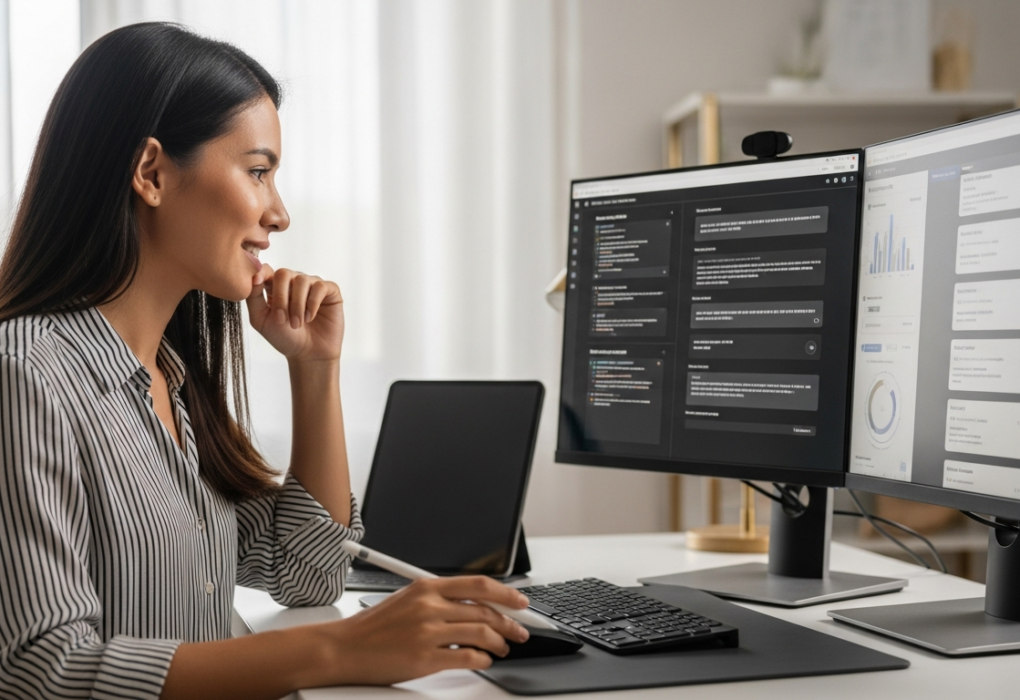 Woman using an AI content creation tool on a computer