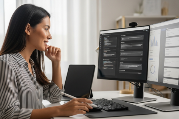 Woman using an AI content creation tool on a computer