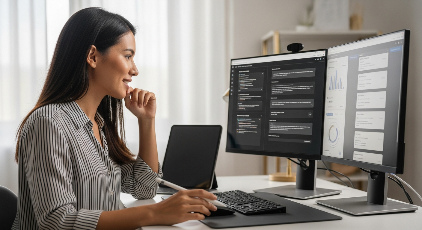 Woman using an AI content creation tool on a computer