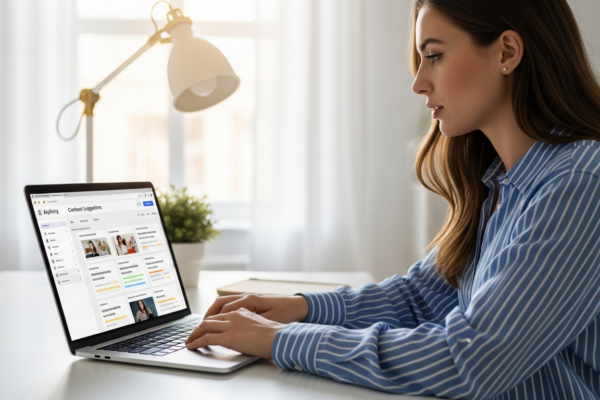 Woman using AI tool on laptop for content optimization