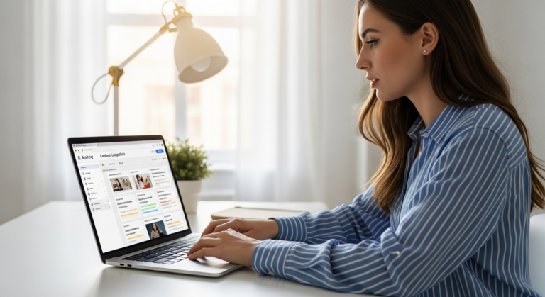 Woman using AI tool on laptop for content optimization