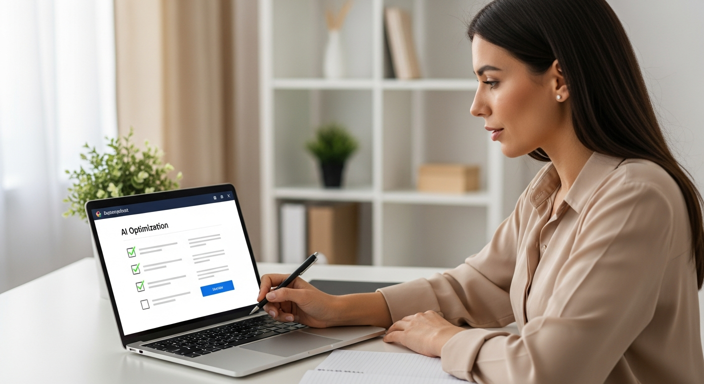 Woman reviewing an AI optimization checklist on her laptop
