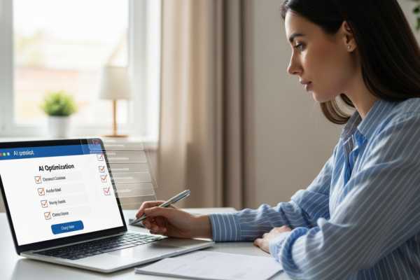 A woman reviews an AI checklist on her laptop.