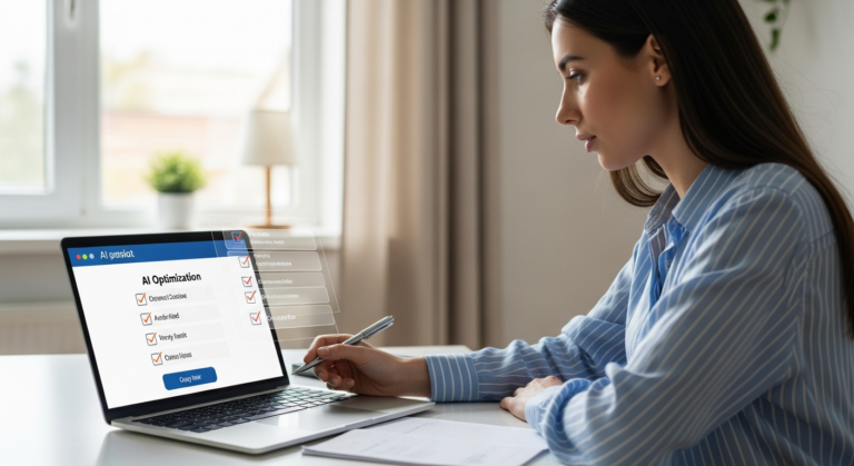 A woman reviews an AI checklist on her laptop.