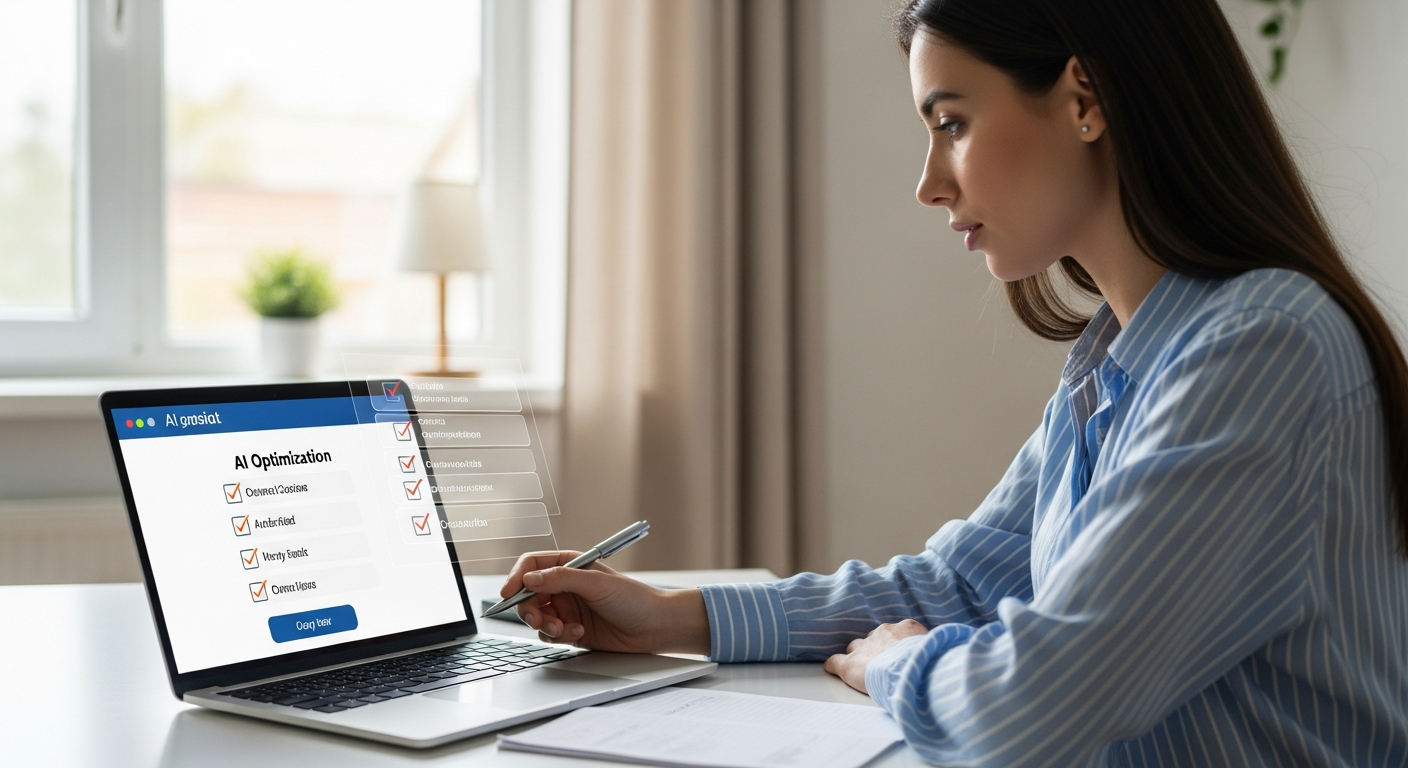 A woman reviews an AI checklist on her laptop.