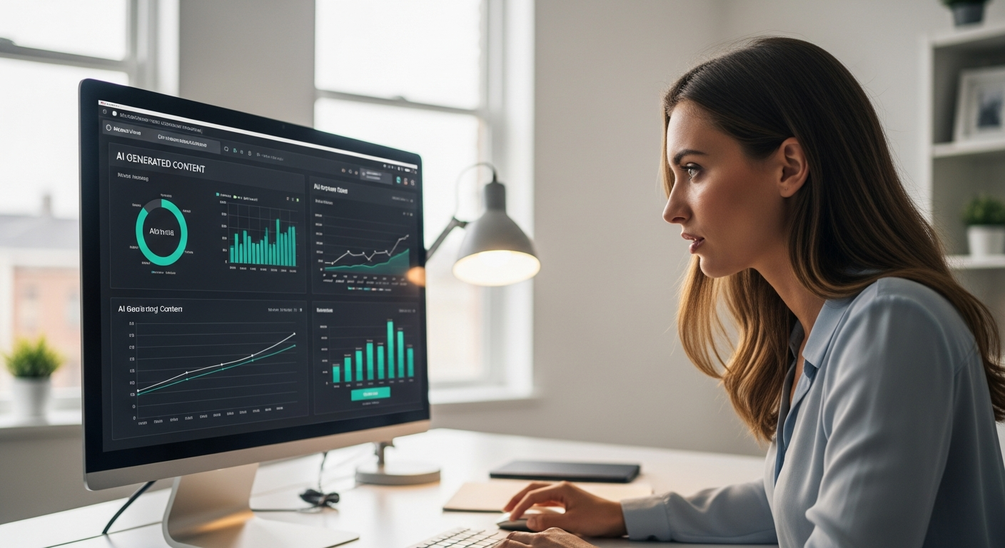 A woman analyzes AI content performance data on a computer screen.