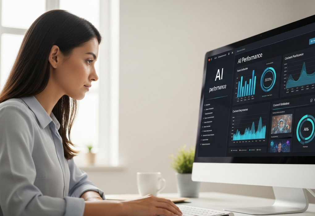 A woman reviews AI content performance metrics on a computer screen.