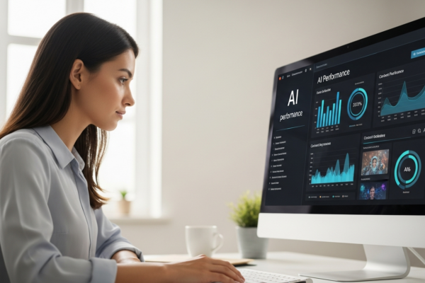 A woman reviews AI content performance metrics on a computer screen.