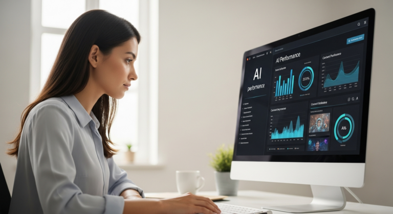 A woman reviews AI content performance metrics on a computer screen.