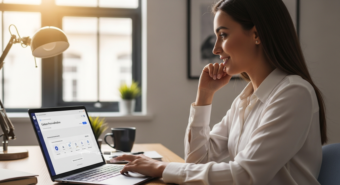 Woman using AI tool for content personalization on her laptop