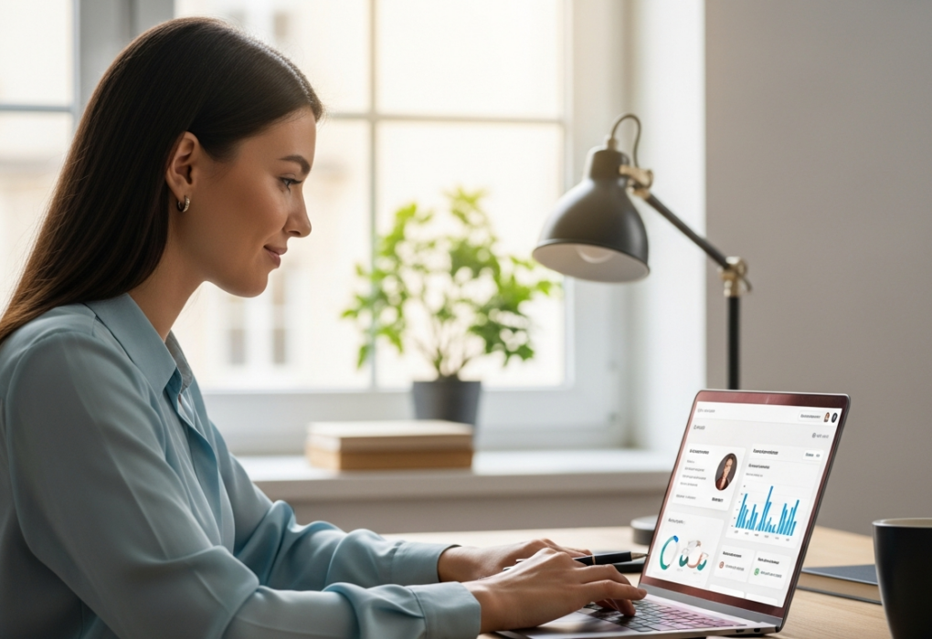 Woman working on a laptop using AI for content personalization