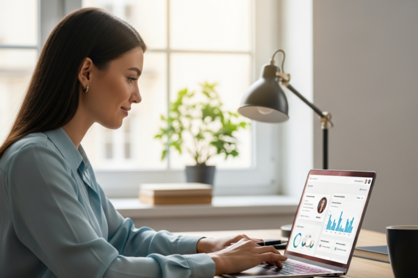 Woman working on a laptop using AI for content personalization