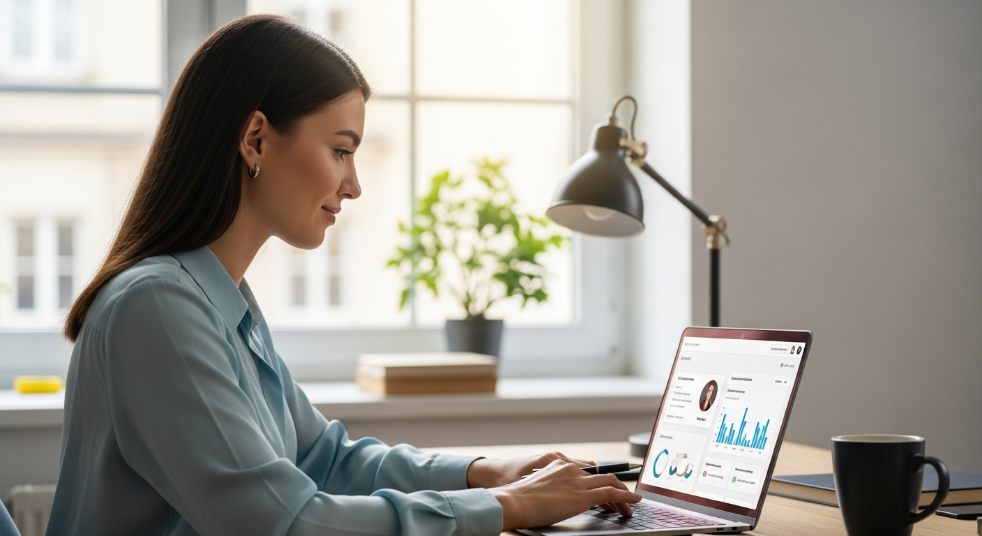 Woman working on a laptop using AI for content personalization