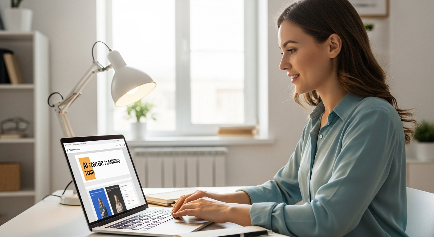Woman using AI tool on laptop for content planning