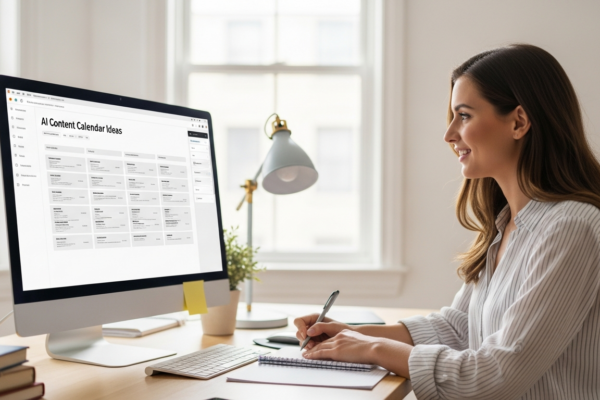 A woman uses AI software for content planning in her home office.