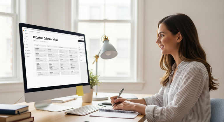 A woman uses AI software for content planning in her home office.
