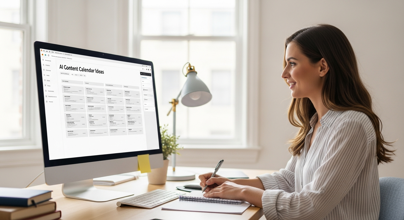 A woman uses AI software for content planning in her home office.