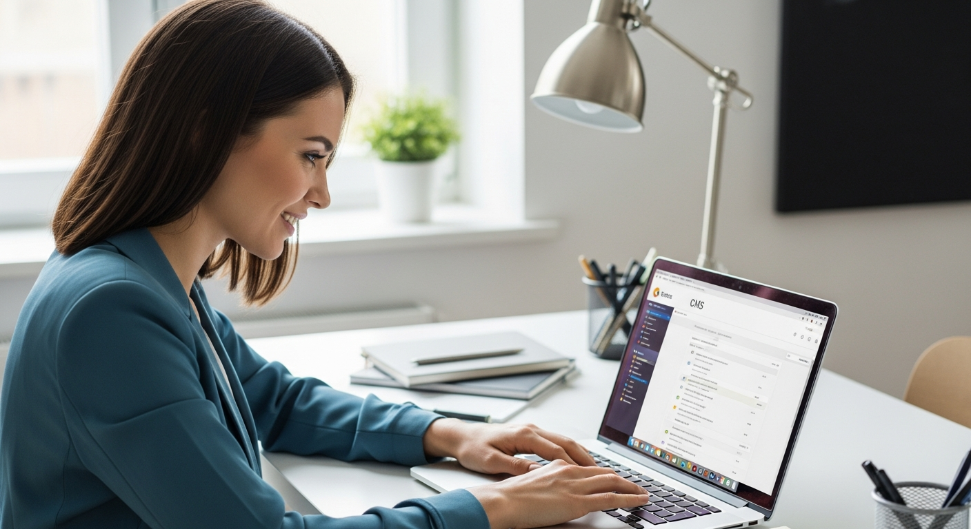 Woman working on a laptop, repurposing content with AI tools