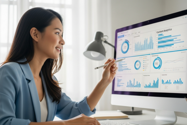 Woman analyzing content performance data on a computer screen.