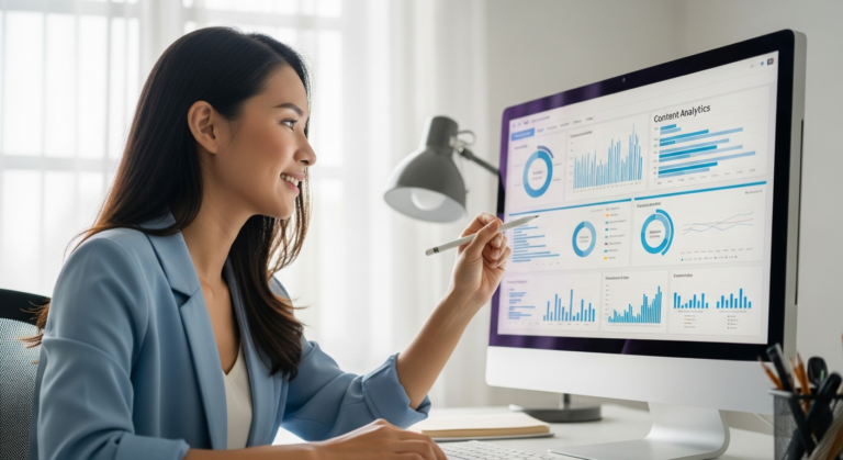 Woman analyzing content performance data on a computer screen.